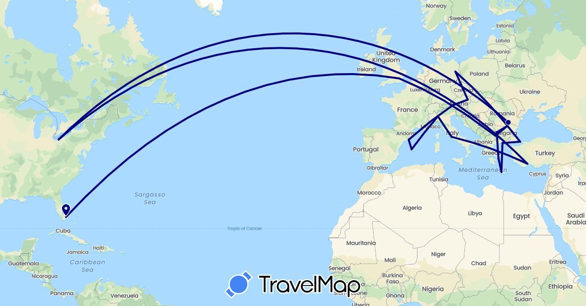 TravelMap itinerary: driving in Austria, Bulgaria, Germany, Spain, United Kingdom, Greece, Italy, Romania, Serbia, Turkey, United States (Asia, Europe, North America)